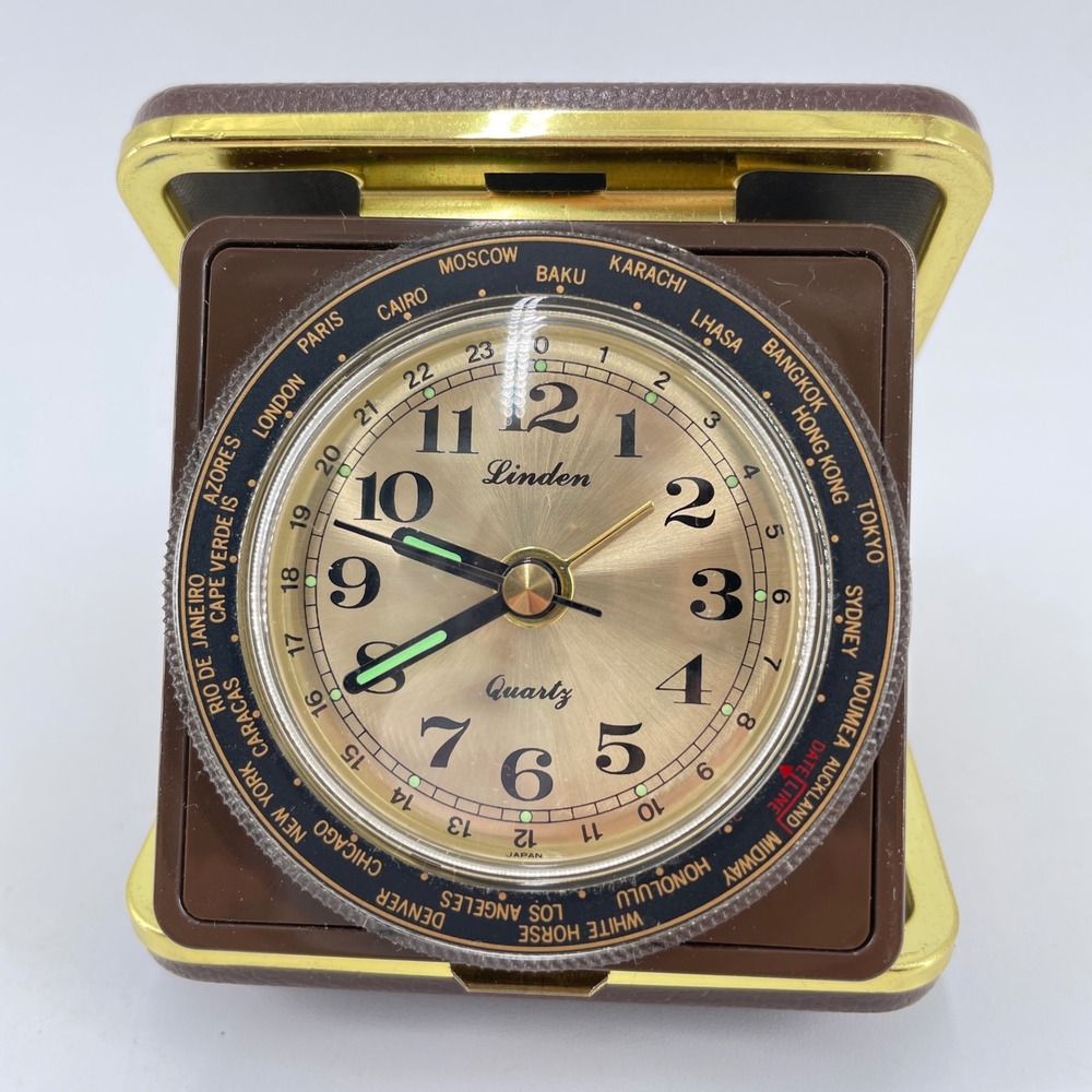 Vintage Linden World Time Zone Quartz International Travel Alarm Clock Clam Shel